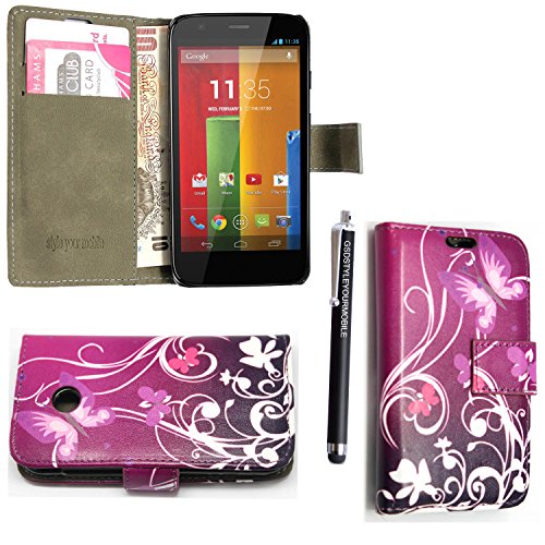 GSDSTYLEYOURMOBILE {TM} For Motorola Moto E Printed PU Leather Magnetic Flip Case Cover + Stylus (Purple Butterfly Book)